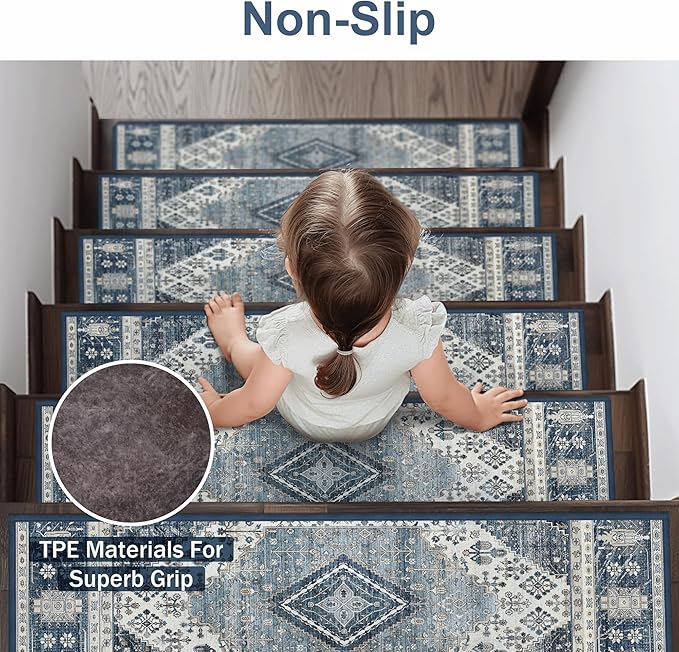 sarben Non Slip Stair Treads for Wooden Steps 15PCS - 8"x30" Indoor Safety Carpet, Edging Mats with TPE Adhesive Backing, Pet and Elderly Friendly Stair Rugs (Blue&Ivory)