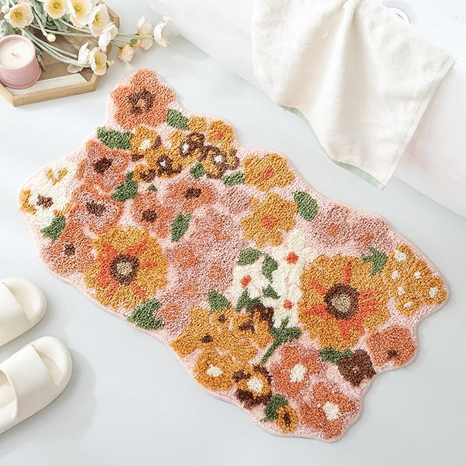 TRUEDAYS Wildflower Floral Bathroom Rug - Cute Tufted Non Slip Soft Flower Shaped Bath Mat, Washable Farmhouse & Cottagecore Bathroom Decor - Aesthetic Orange Rug for Vanity, Tub, Entryway