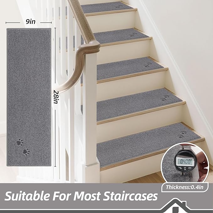 BEQHAUSE Stair Treads for Wooden Steps 28inX9in, Non Slip Carpet Stair Treads Indoor Stair Runners Machine Washable, Soft Stair Rugs Mat Surface Polyester TPE Backing, 15pcs, Grey