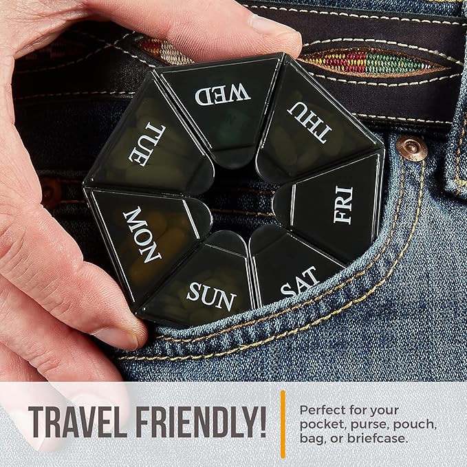 Weekly Pill Organizer - (Pack of 2) 7-Day Pill Container - Arthritis Friendly Portable & Compact Travel Case Daily Compartment Medicine Pills Box for Supplements, Medication, Vitamins and Fish Oils