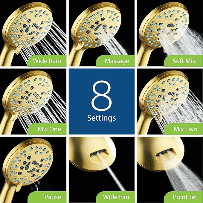 AquaCare High Pressure 8-mode Handheld Shower Head - Anti-clog Nozzles, Built-in Power Wash to Clean Tub, Tile & Pets, Extra Long 6 ft. Stainless Steel Hose, Wall & Overhead Brackets
