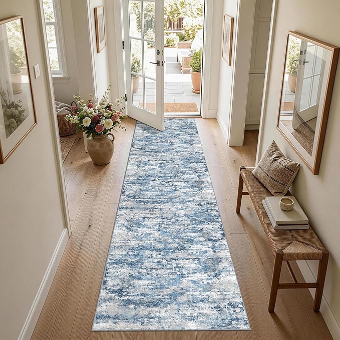 Runners for Hallways Ultra Non-Slip 2x10 Long Runner Rugs Washable Abstract Tear and Stain Resistance No Pile Lightweight Modern Rug Runners for Entryway, Kitchen, Walkway, Ocean Blue