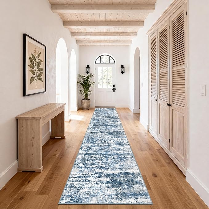 Non Slip Floor Runners for Dogs 2.6x14 Washable Runner Rug Abstract, Joint Support for Senior Dogs, Woven, Extra Grip Traction Runners for Hallway, Entryway, Walkway- Blue