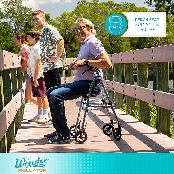 Stander Space Saver Rollator, Lightweight Folding Rolling Walker with Seat for Seniors & Adults, 4-Wheel Mobility Aid with 6-inch Wheels, Locking Brakes & Padded Seat with Backrest, Regal Rose