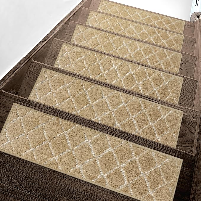 Non Slip Microfiber Stair Treads for Wooden Steps, 15PCS 8"x30" Indoor Safety Carpet, 3D Cut & Loop Tufted Edging Mats with TPE Adhesive Backing, Pet & Elderly Friendly Stair Rugs (Tan/White)