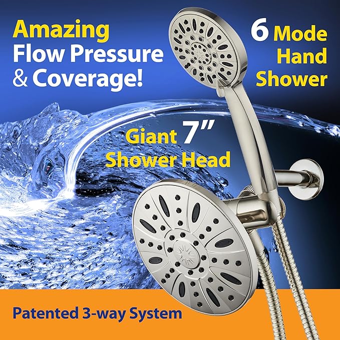 AquaDance 7" Premium High Pressure 3-Way Rainfall Combo Combines The Best of Both Worlds-Enjoy Luxurious Rain Showerhead and 6-Setting Hand Held Shower Separately or Together, Satin Nickel