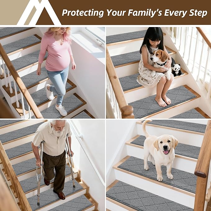 COSY HOMEER Stair Treads for Wooden Steps 9"x28" Washable Indoor Carpet Stair Treads Non Slip Soft Polyester Stair Carpet Tread Reusable Stair Runner Rugs for Kids, Elders,Pets,Medium Grey,4pcs