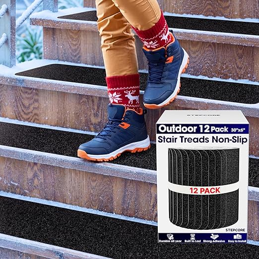 Outdoor Stair Treads Non Slip – 30" x 6" – 12-Pack Waterproof 80-Grit Grip Strips for Wooden Steps – Anti Slip & Anti Skid Step Treads – by STEPCORE
