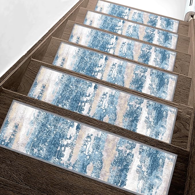 sarben Carpet Stair Treads Non Slip 15PCS, 8" X 30" Edging Stair Runner for Wooden Steps Indoor, Resistant Stair Rugs with Reusable TPE Adhesive Backing, Residue Mat for Elders, Pets, Sapphire/Sand