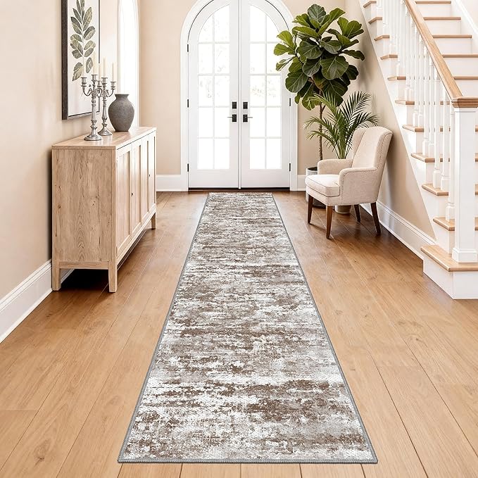 Non Slip Floor Runners for Dogs 2.6x14 Washable Runner Rug Abstract, Joint Support for Senior Dogs, Woven, Extra Grip Traction Runners for Hallway, Entryway, Walkway- Brown