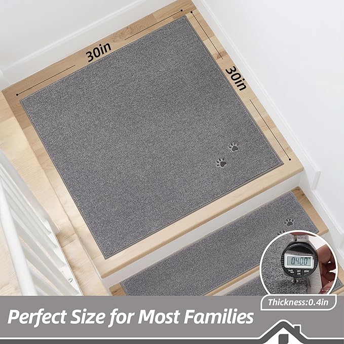 BEQHAUSE Stair Landing Rug Non-Slip 30"x30", Square Stair Landing Mats for Stairs Washable, Carpet Stair Treads Matching Mats for Wooden Steps Indoor Landing Rugs Surface Polyester TPE Backing, Grey