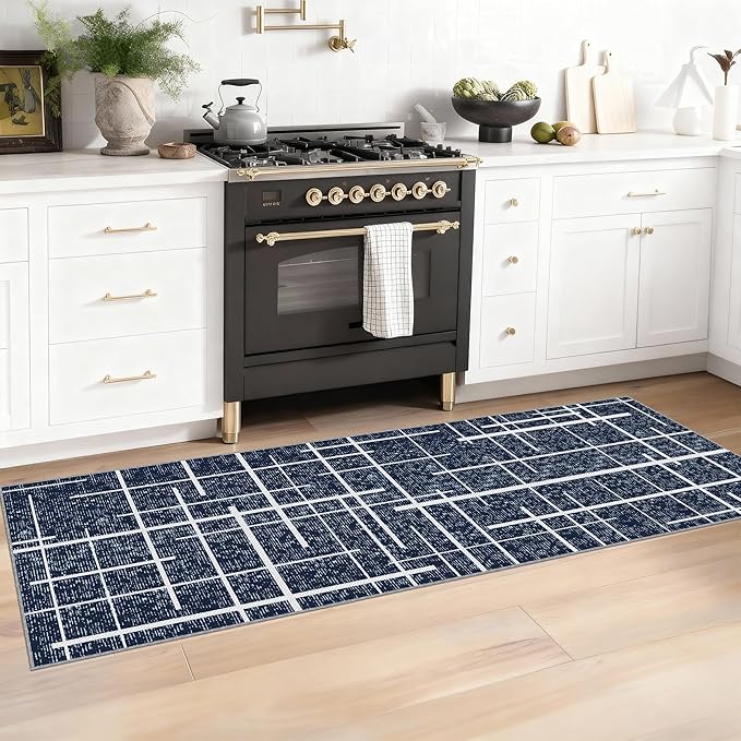 Washable Runner Rug 2x6, Blue Modern Distressed Stripe, Hallway Runner Rug Non Slip, Woven Thin No Shed Runners for Entryway, Kitchen, Laundry Room- Blue