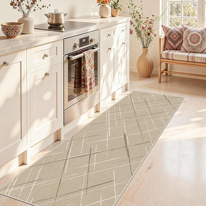 Kitchen Rugs Ultra Non-Slip 2.6x8 Washable Runner Rug Modern Tear and Stain Resistance No Pile Lightweight Runners for Entryway, Hallway, Walkway, Bedside, Entrance, Beige