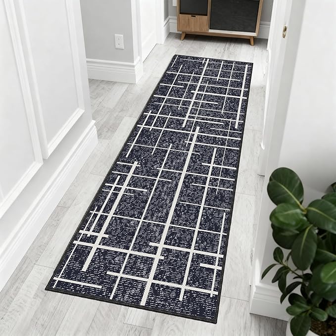 Washable Runner Rug 2x6, Modern Distressed Stripe, Kitchen Runner Rug Non Slip, Woven Thin No Shed Carpet Runners for Entryway, Kitchen, Laundry Room- Midnight Black