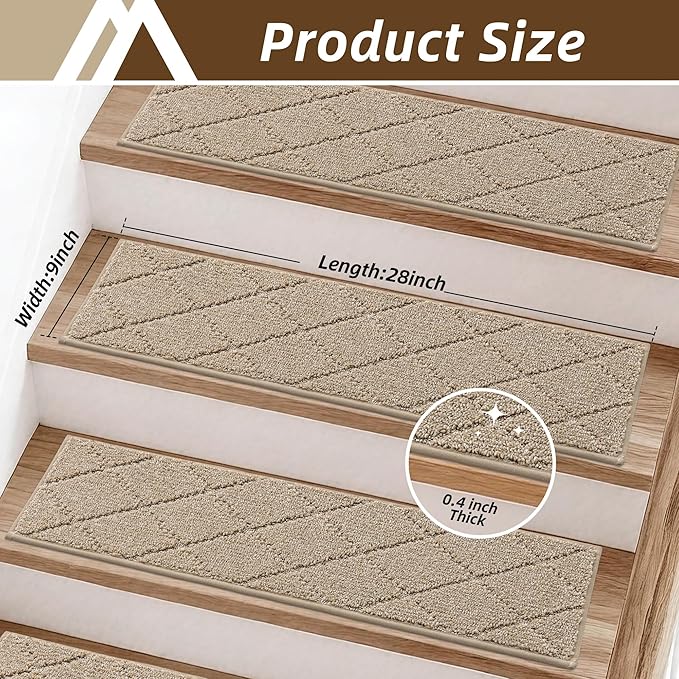 COSY HOMEER Edging Stair Treads Non-Slip Carpet Mat 28inX9in Indoor Stair Runners for Wooden Steps, Edging Stair Rugs for Kids and Dogs, 100% Polyester TPE Backing(4pc, Beige)