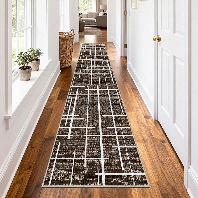 Non Slip Hallway Runner Rug 2.6x12, Modern Distressed Stripe, Washable Extra Long Rug, Woven Thin Low Pile Carpet Runners for Hallway 12ft Entryway, Kitchen, Walkway- Brown