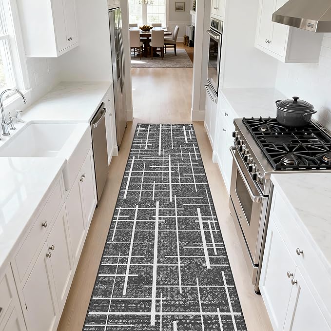 Non Slip Hallway Runner Rug 2x10, Gray Modern Distressed Stripe, Washable Long Rug, Woven Thin Low Pile Carpet Runners for Hallway 10ft Entryway, Kitchen, Walkway- Gray