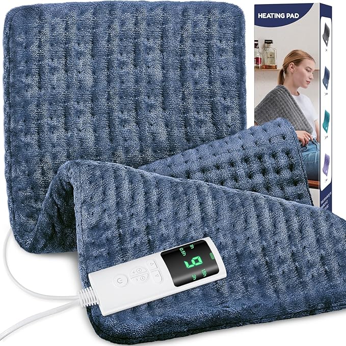 Heating Pad for Back Pain Relief, 24"x12" Electric Heat Pad for Neck, Shoulders, Cramps, Menstrual Pain, 9 Heat Settings & 4 Auto-Off Timers, Soft Flannel, 10FT Cord (Blue)