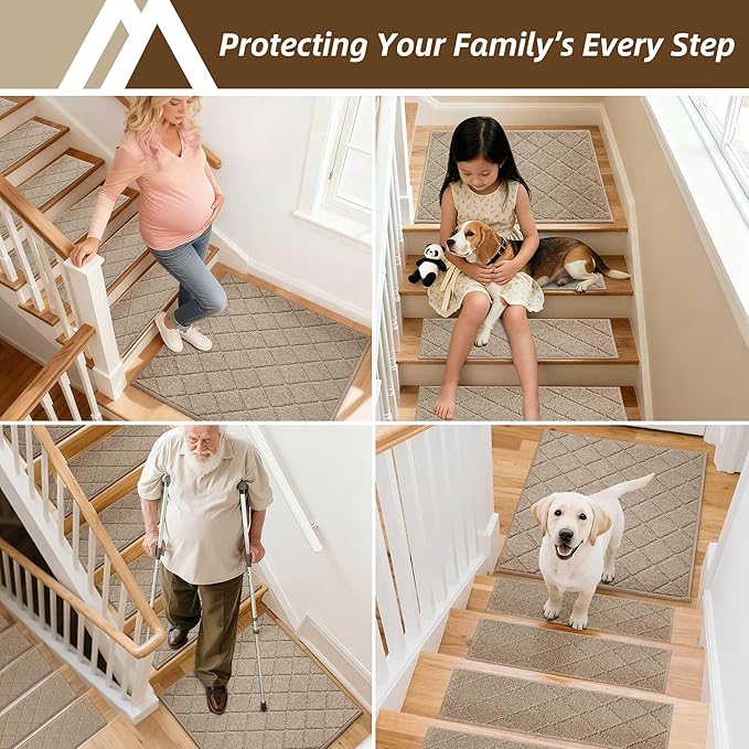 COSY HOMEER Edging Stair Treads Non-Slip Corner Indoor Stair Runners for Wooden Steps,Landing Slip Resistant Stair Rugs Mat for Kids and Dogs,100% Polyester TPE Backing,Beige,30x30 inch
