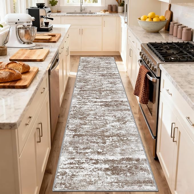Runners for Hallways Ultra Non-Slip 2x10 Long Runner Rugs Washable Abstract Tear and Stain Resistance No Pile Lightweight Modern Rug Runners for Entryway, Kitchen, Walkway, Entrance, Brown