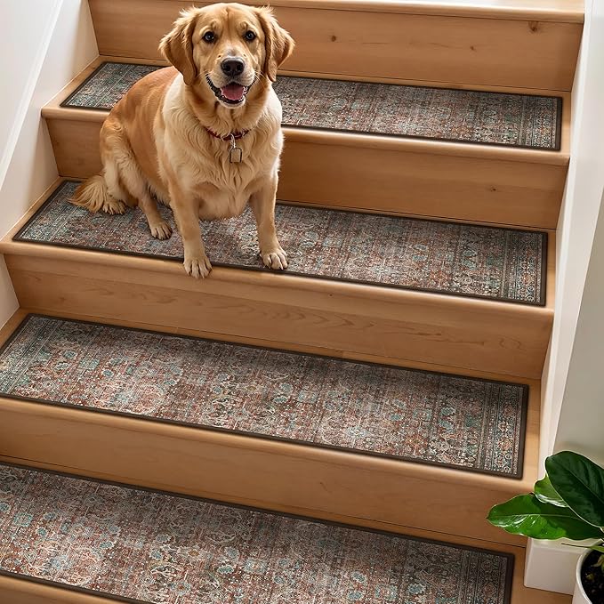 Non Slip Stair Treads for Wooden Steps 15PCS - 8"x30" Indoor Safety Carpet, Edging Mats with TPE Adhesive Backing, Pet and Elderly Friendly Stair Rugs (Light Clay Brown)