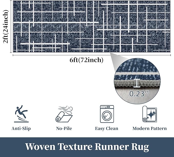 Washable Runner Rug 2x6, Blue Modern Distressed Stripe, Hallway Runner Rug Non Slip, Woven Thin No Shed Runners for Entryway, Kitchen, Laundry Room- Blue