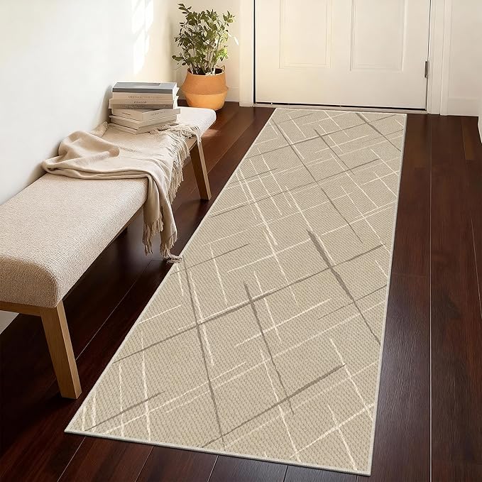 Modern Line Washable Runner Rug 2x6, Beige Non-Slip Hallway Rug, Woven Non-Shedding Thin Runners for Entryway, Kitchen, Laundry Room
