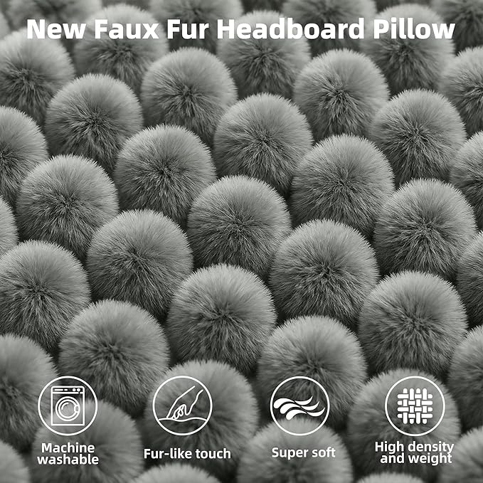 Luxury Faux Fur Headboard Pillow Twin Size - Large Triangular Wedge Cushion for Bed & Sofa, Fluffy Reading Backrest Bolster with Detachable Neck Roll, Washable Cover & Side Pocket, Ivory