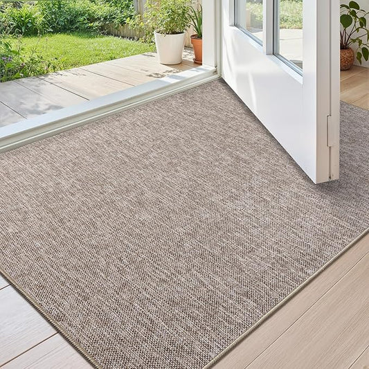 Color&Geometry Ultra Thin Indoor Door Mat (Rolled-up NO Creases) 24"x36", Non Slip Rubber Backed Dirt Trapper Door Mat Indoor Entrance, Low Profile Entryway Mat, Easy Clean, Light Brown Linen
