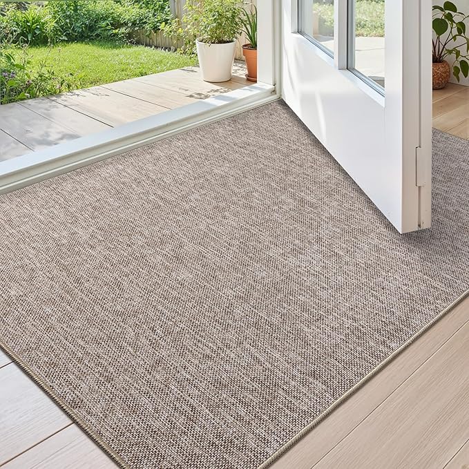 Color&Geometry Small Ultra Thin Indoor Door Mat (Rolled-up NO Creases) 17"x30", Non Slip Rubber Backed Dirt Trapper Door Mat Indoor Entrance, Low Profile Entryway Mat, Easy Clean, Light Brown Linen