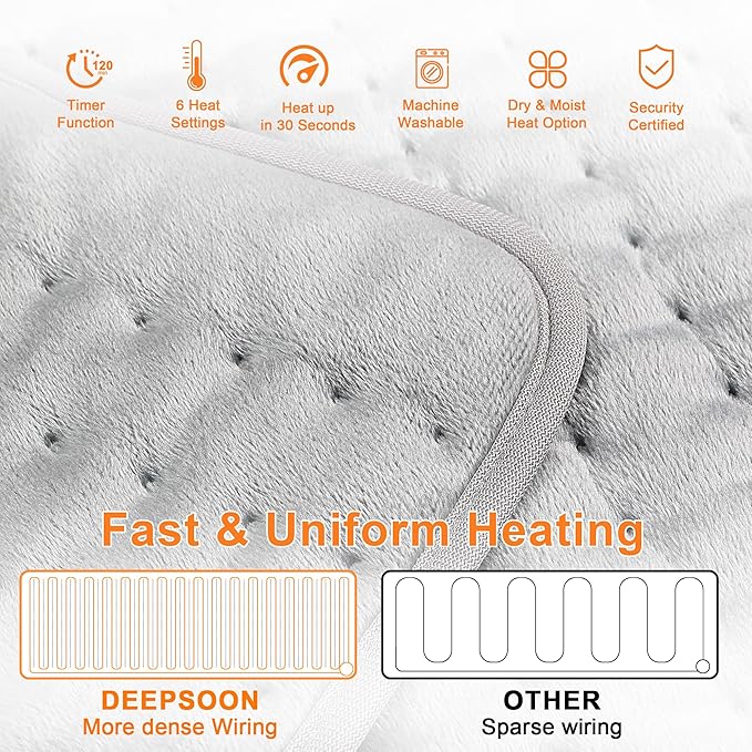 Deepsoon Heating Pad,Electric Heating Pads for Back,Neck,Moist Heating Pad for Abdomen Shoulder Knee Legs,Dry/Moist Heat&Auto Shut Off,Mother's Day Birthday for Men and Women,Light Gray,33x17 Inch