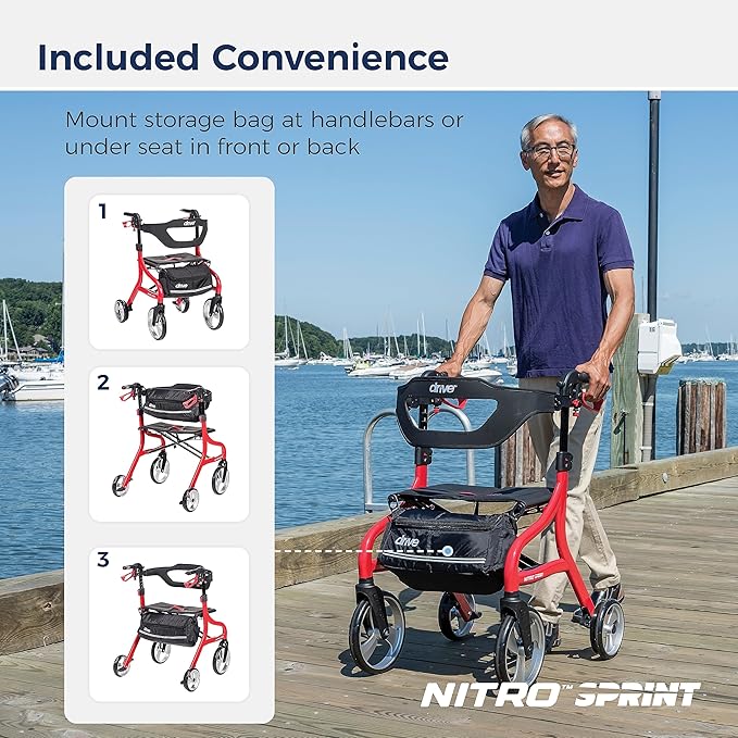 Drive Medical Nitro Sprint Foldable Rollator Walker with Seat - Lightweight Support - Large Wheels - Compact Folding Design - Adjustable Comfort - Tall Size - Red