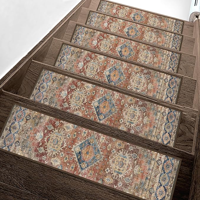 Non Slip Stair Treads for Wooden Steps 15PCS - 8"x30" Indoor Safety Carpet, Edging Mats with TPE Adhesive Backing, Pet and Elderly Friendly Stair Rugs (Antique Red)