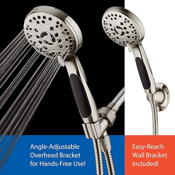 High Pressure 6-setting Luxury Handheld Shower Head – 6 Foot Stainless Steel Hose – Anti Clog Jets – Anti Slip Grip – All Brushed Nickel Finish – Top US Brand – Includes Extra Wall Bracket