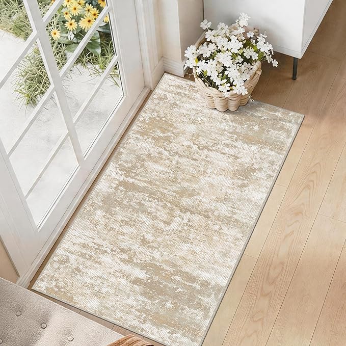 Runners for Hallways Ultra Non-Slip 2x4 Washable Kitchen Rug Abstract Tear and Stain Resistance No Pile Lightweight Runners for Entryway, Laundry Room, Bedside, Beige/Yellow