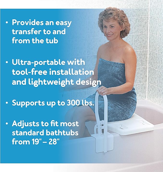 Carex Portable Shower Bench - Shower Bath Seat - Adjustable Width to Fit Most Bathtubs, Comfortable Contoured Seating Area with 300 Pound Weight Capacity, Portable and Easy to Store