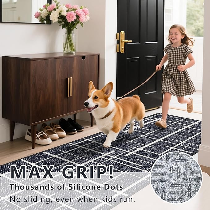 Modern Kitchen Runner Rug Non Slip 2.6x8, Washable Distressed Stripe, Hallway Runner, Woven Thin Low Pile Carpet Runners for Hallway 8ft Entryway, Kitchen, Walkway- Midnight Black