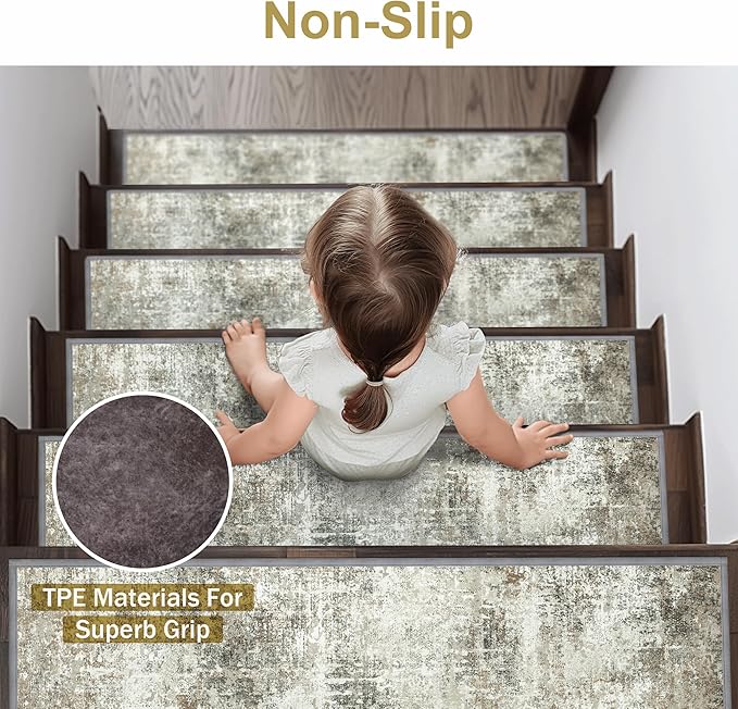 sarben Carpet Stair Treads Non Slip 15PCS, 8" X 30" Edging Stair Runner for Wooden Steps Indoor, Resistant Stair Rugs with Reusable TPE Adhesive Backing, Residue Mat for Elders, Pets, Ashstone/Grey