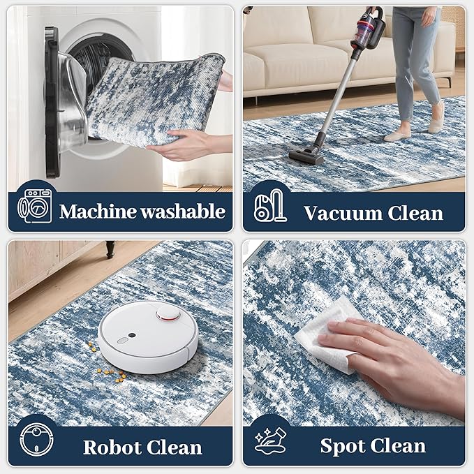3x5 Area Rug Washable Entryway Rug Non Slip Abstract Tear and Stain Resistance No Pile Lightweight Throw Rugs Carpet for Kitchen, Entrance, Foyer, Bedside, Mudroom, Blue