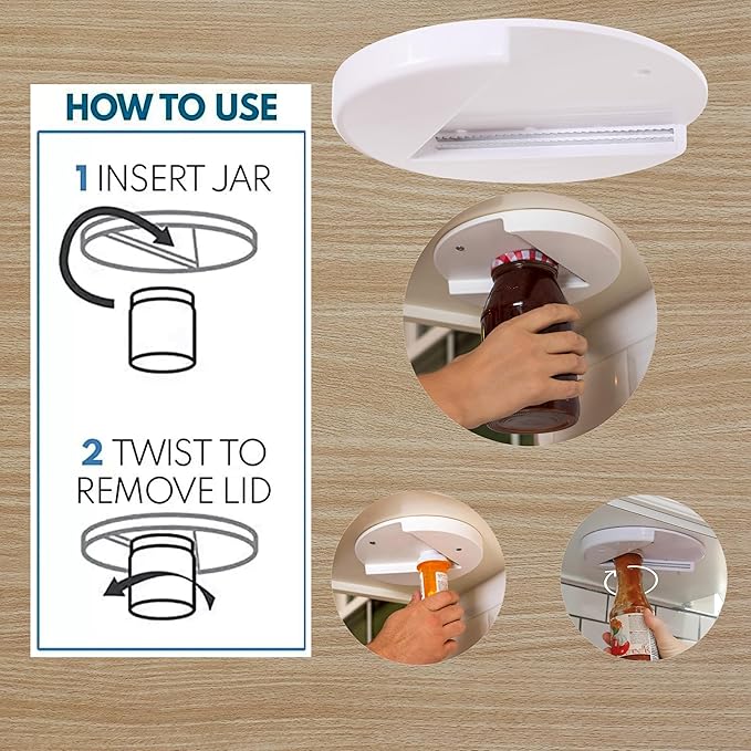 Ferb Jar Opener for Seniors - Under Cabinet Jar Openers for Weak Hands, Easy Grip, Arthritis jar opener, One Handed Gadgets and Bottle Opener - Essential Kitchen Gadgets for Home Assistance - White