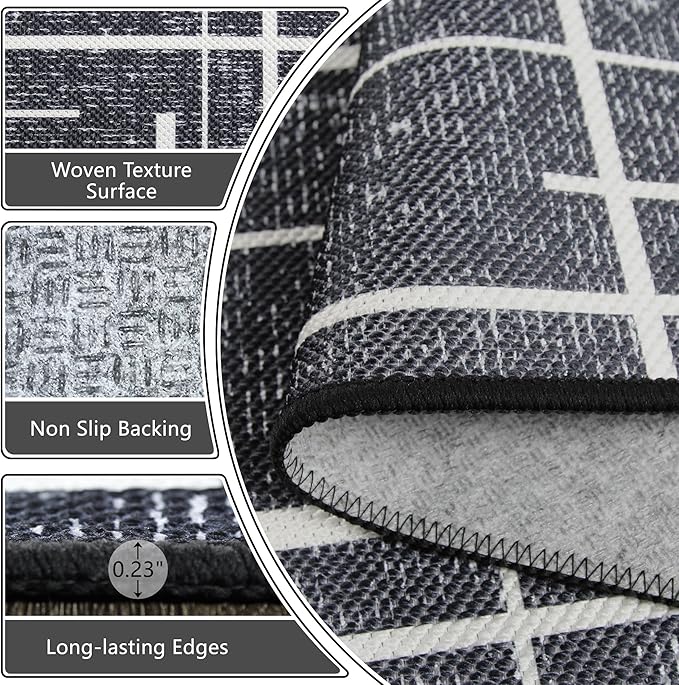 Washable Runner Rug 2x6, Modern Distressed Stripe, Kitchen Runner Rug Non Slip, Woven Thin No Shed Carpet Runners for Entryway, Kitchen, Laundry Room- Midnight Black