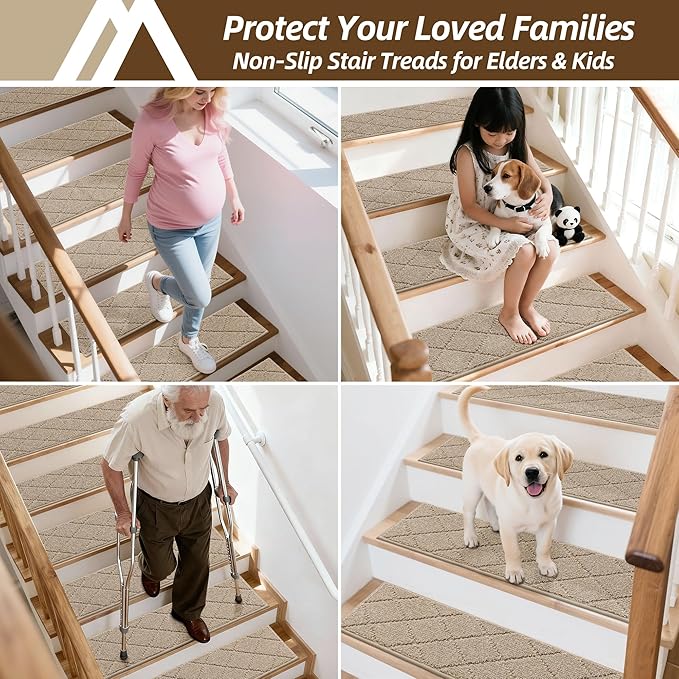 COSY HOMEER Edging Stair Treads Non-Slip Carpet Mat 28inX9in Indoor Stair Runners for Wooden Steps, Edging Stair Rugs for Kids and Dogs, 100% Polyester TPE Backing(4pc, Beige)