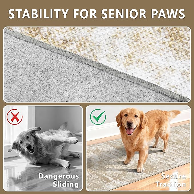 Non Slip Floor Runners for Dogs 2.6x12 Washable Runner Rug Abstract, Joint Support for Senior Dogs, Woven, Extra Grip Traction Runners for Hallway, Entryway, Walkway, Beige/Yellow