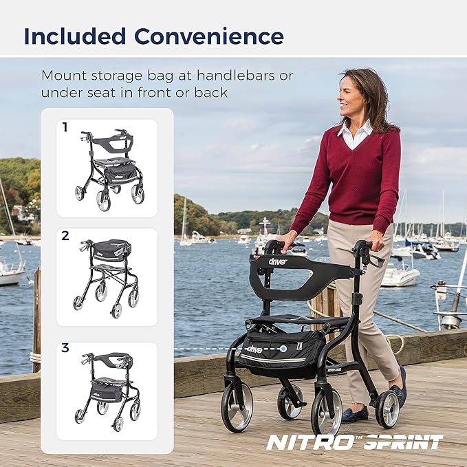 Drive Medical Nitro Sprint Foldable Rollator Walker with Seat - Lightweight Support - Large Wheels - Compact Folding Design - Adjustable Comfort - Tall Size - Black