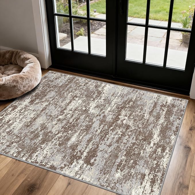 3x5 Area Rug Washable Entryway Rug Non Slip Abstract High-Stain Resistance No Pile Lightweight Throw Rugs Carpet for Kitchen, Entrance, Foyer, Bedside, Mudroom- Deep Brown