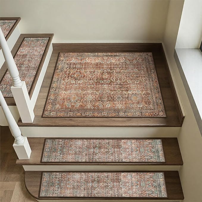 sarben Carpet Stair Treads Non Slip 1PCS, 30" X 30"Edging Stair Runner for Wooden Steps Indoor, Resistant Stair Rugs with Reusable TPE Adhesive Backing, Residue Free Mat for Kids,Pets,Rust & Brown