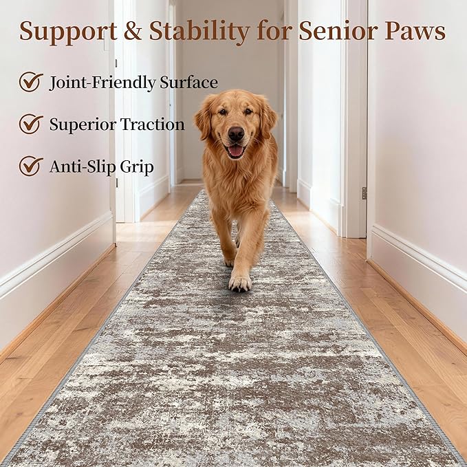 Non Slip Floor Runners for Dogs 2.6x8 Washable Runner Rug Abstract, Joint Support for Senior Dogs, Woven, Extra Grip Traction Runners for Hallway, Kitchen,Entryway,Brown