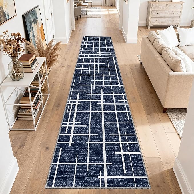 Non Slip Hallway Runner Rug 2.6x12, Modern Distressed Stripe, Washable Extra Long Rug, Woven Thin Low Pile Carpet Runners for Hallway 12ft Entryway, Kitchen, Walkway- Blue