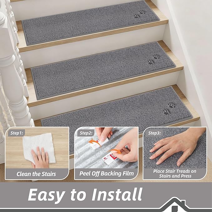 BEQHAUSE Stair Treads for Wooden Steps 28inX9in, Non Slip Carpet Stair Treads Indoor Stair Runners Machine Washable, Soft Stair Rugs Mat Surface Polyester TPE Backing, 15pcs, Grey