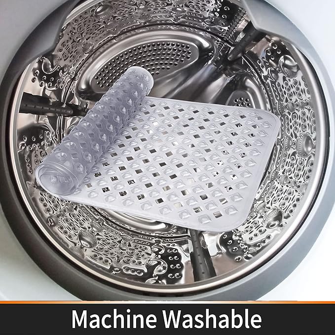 Yimobra Non Slip Bath Mat, Super Strong Suction Cups,34.5"x15.5"Long Tub Mat with Drain Holes, Machine Washable Fast Draining Shower Mats, Bathroom Essentials,Clear Gray